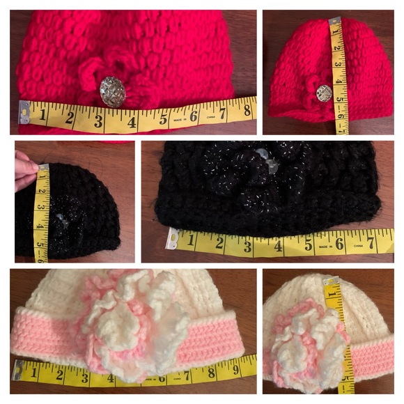 3 hand knitted baby Girl hats in Red, Black And White/pink 3-12 Months, Crochet - Picture 6 of 7